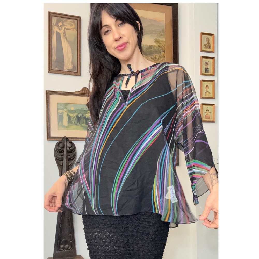 Deadstock Sheer Rainbow Stripe Poncho Tunic Blouse Black Chiffon Top